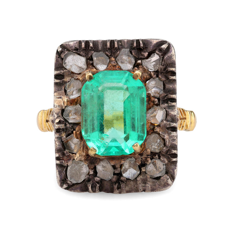 Victorian GIA 3 Carat Emerald Diamond 18K Yellow Gold Silver Square Ring