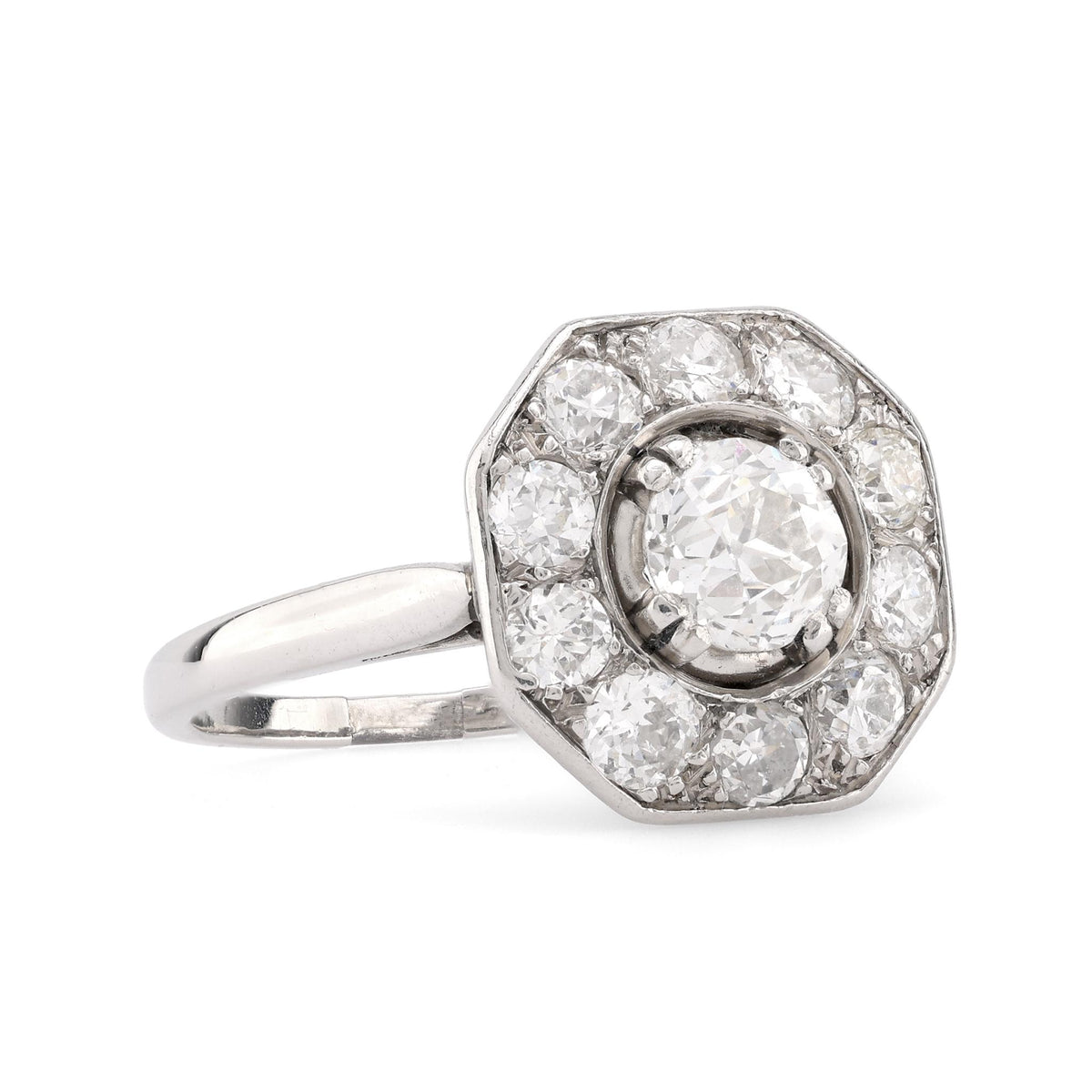 Art Deco French Diamond Platinum Cluster Ring