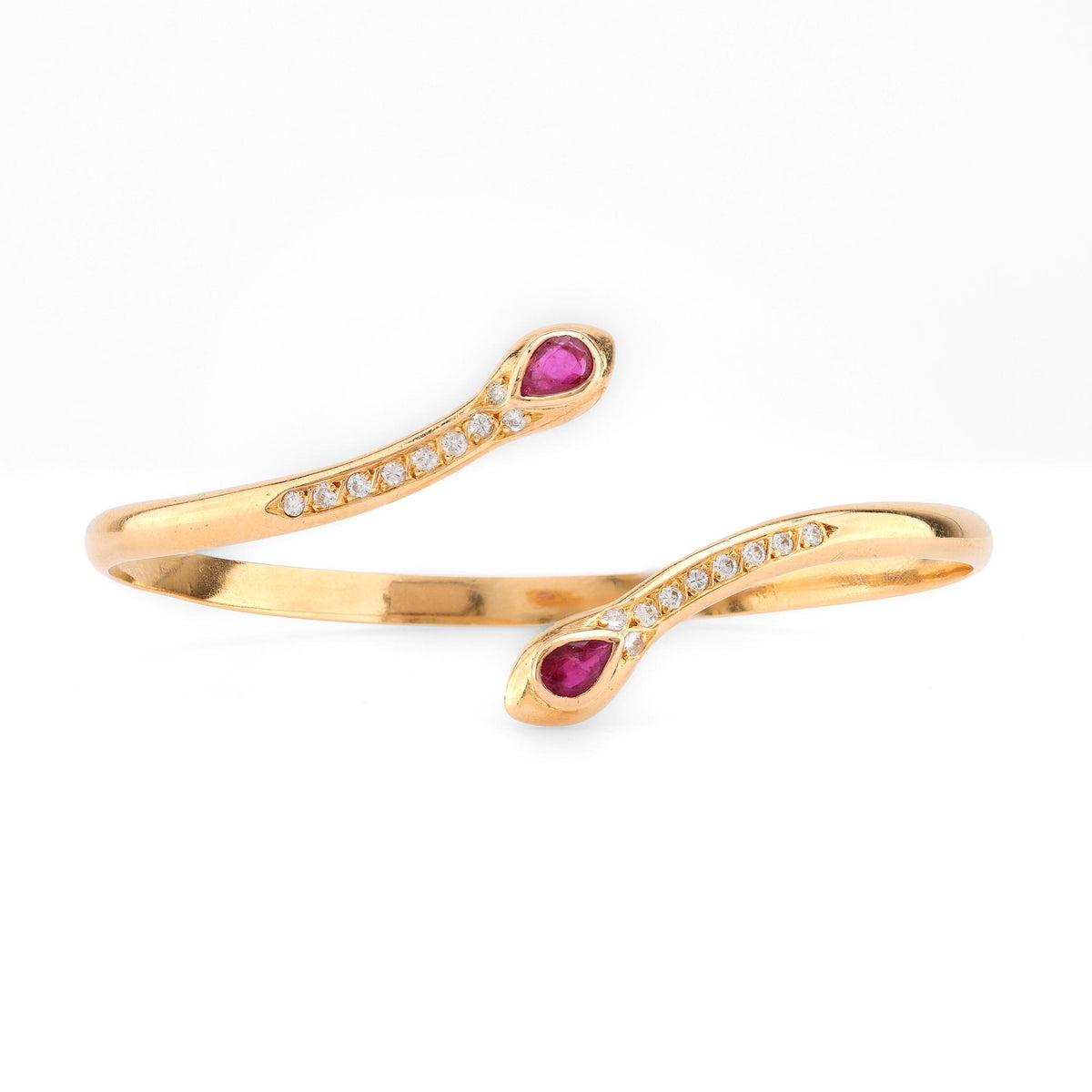 Vintage Ruby Diamond 18K Yellow Gold Snake Bangle