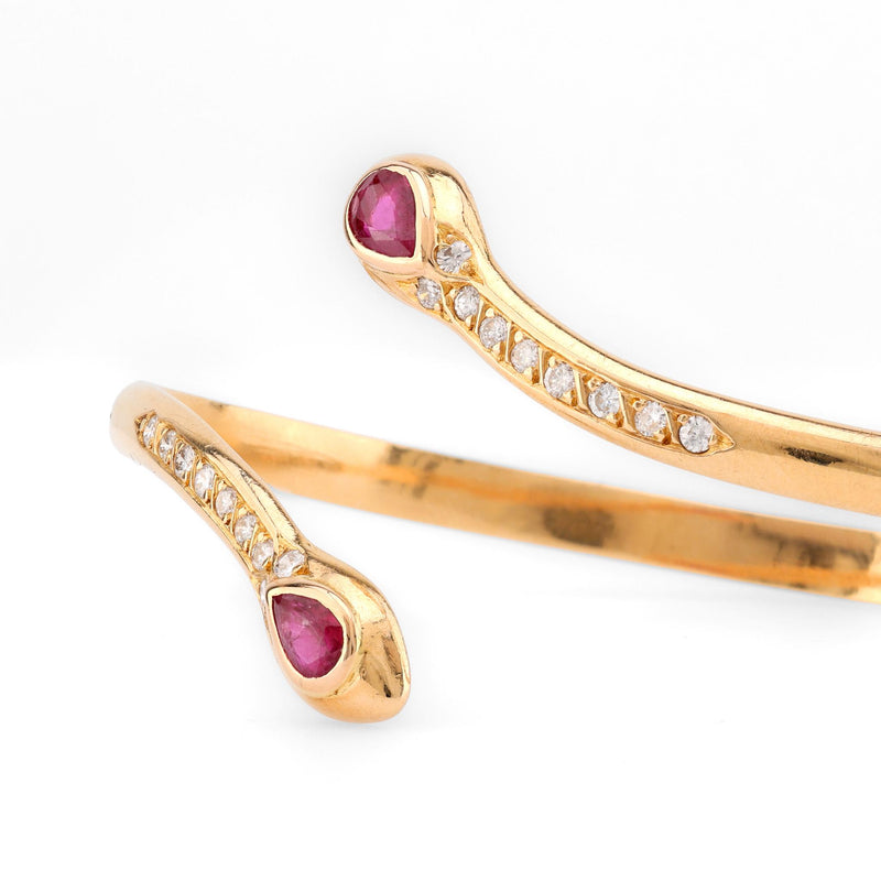 Vintage Ruby Diamond 18K Yellow Gold Snake Bangle