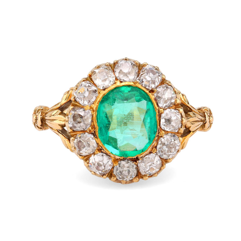 Victorian GIA 1 Carat Emerald Diamond 18K Yellow Gold Cluster Ring