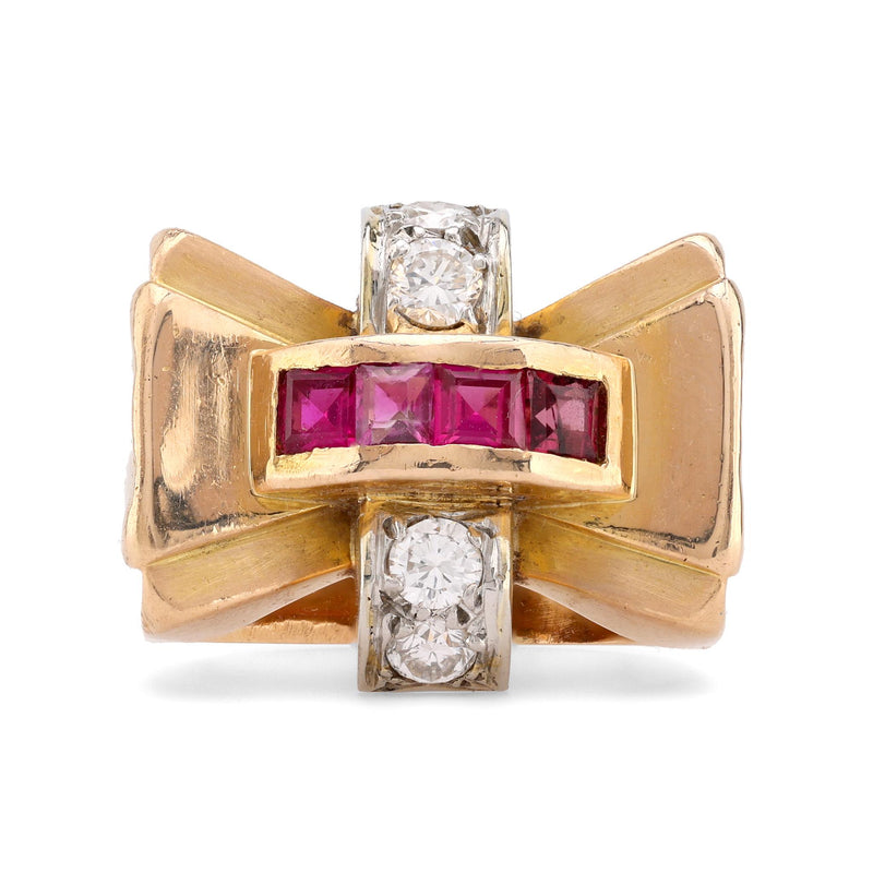 Retro Ruby Diamond 18K Yellow Gold Tank Ring