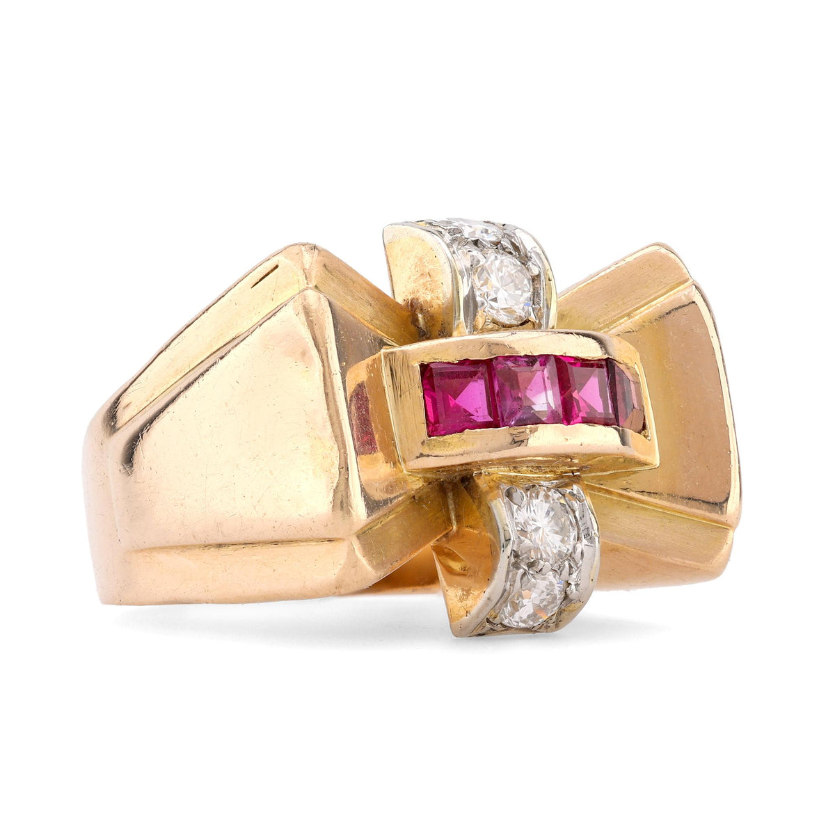 Retro Ruby Diamond 18K Yellow Gold Tank Ring