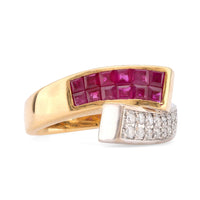 Vintage Ruby Diamond 18K White and Yellow Gold Bypass Ring