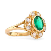 Vintage French Emerald Diamond 18K Yellow Gold Cluster Ring