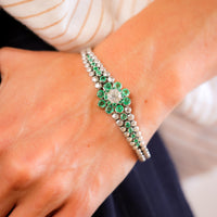 Mid Century Diamond Emerald 18K White Gold Floral Bracelet