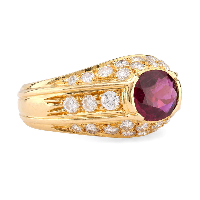 Vintage GIA 1.25 Carat Ruby Diamond 18K Yellow Gold Ring