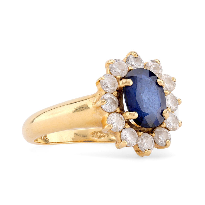 Vintage French Sapphire Diamond 18K Yellow Gold Cluster Ring