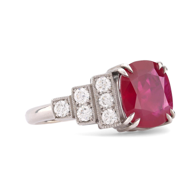 French 3.74 Carat Burma No Heat Ruby Diamond 18K White Gold Ring