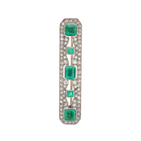 Art Deco French Emerald Diamond 18K White Gold Platinum Bar Brooch