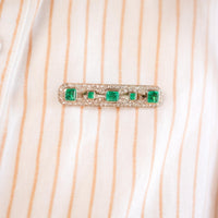 Art Deco French Emerald Diamond 18K White Gold Platinum Bar Brooch