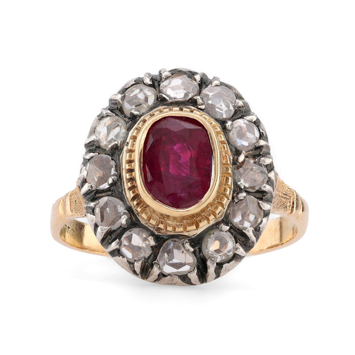 Antique 1.3 Carat No Heat Ruby Diamond 18K Yellow Gold Silver Cluster Ring