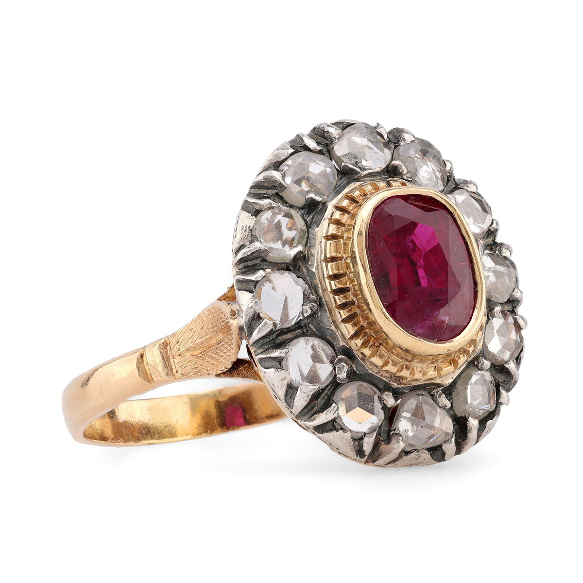 Antique 1.3 Carat No Heat Ruby Diamond 18K Yellow Gold Silver Cluster Ring