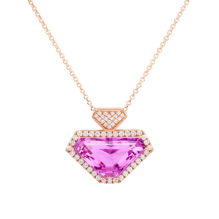 Modern 15 Carat Kunzite Diamond 14K Rose Gold Necklace