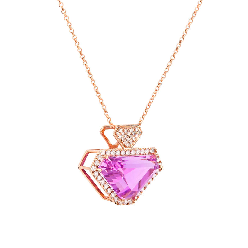 Modern 15 Carat Kunzite Diamond 14K Rose Gold Necklace