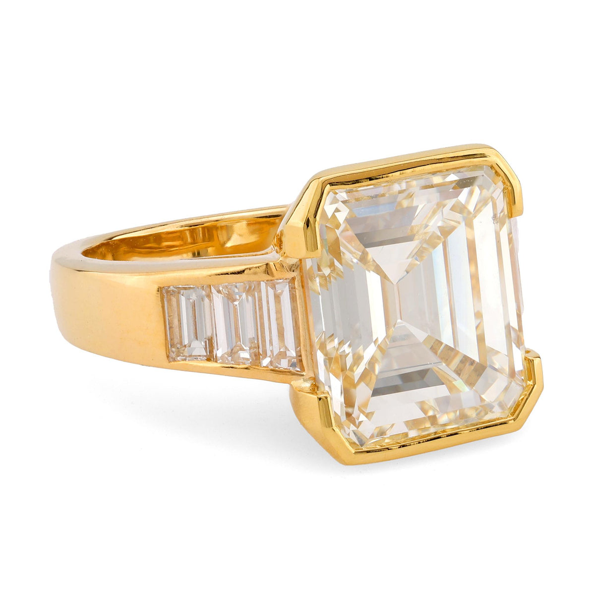 French GIA 7.4 Carat Asscher Cut Diamond 18K Yellow Gold Engagement Ring