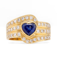 Vintage Heart Shape Sapphire Diamond 18K Yellow Gold Ring