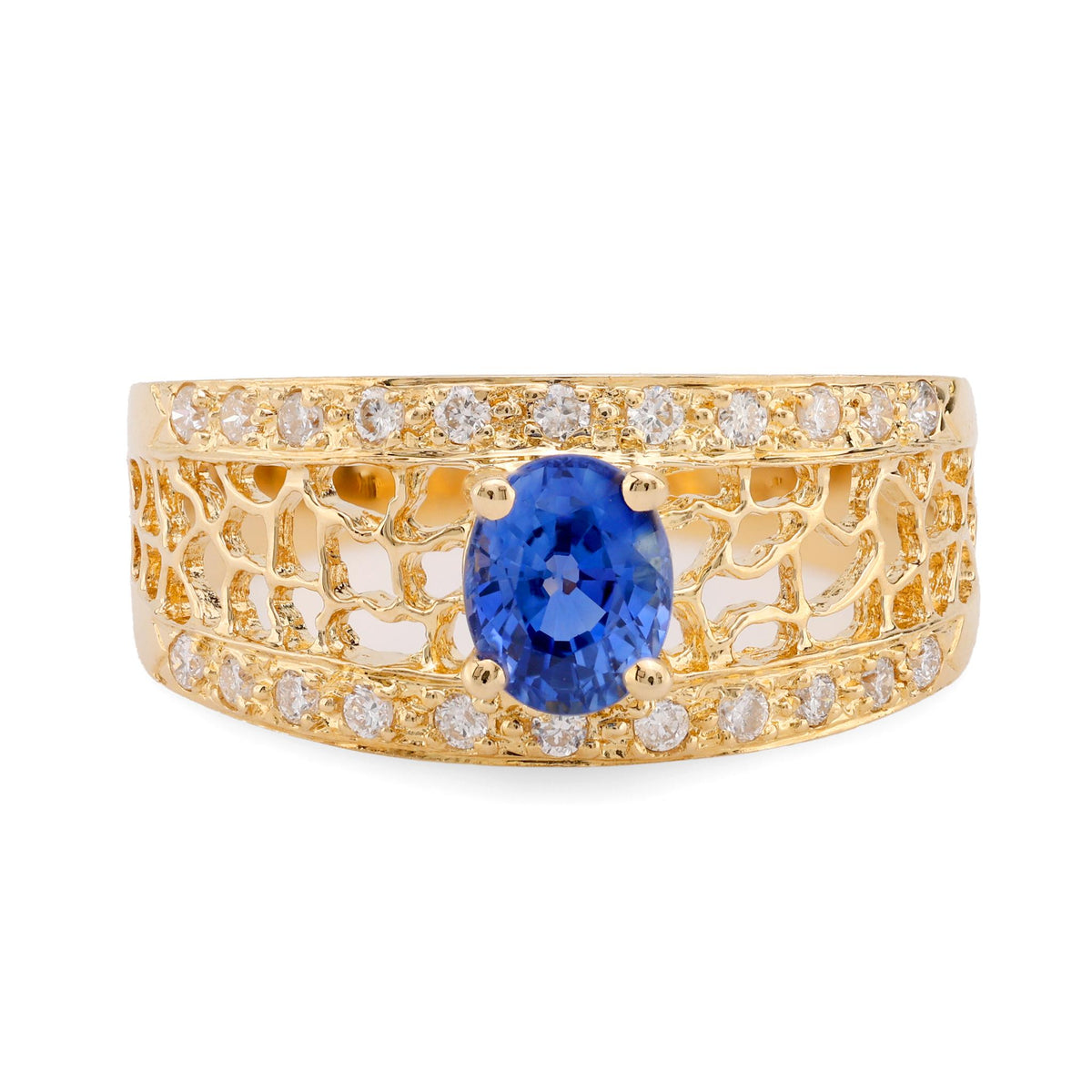 Vintage Sapphire Diamond 18K Yellow Gold Filigree Band