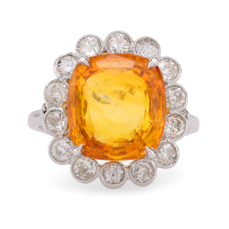 French Art Deco GIA 11.22 carat orange sapphire diamond platinum ring