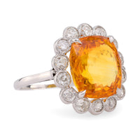 French Art Deco GIA 11.22 carat orange sapphire diamond platinum ring