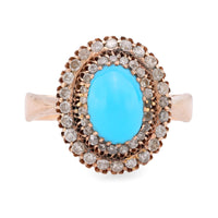 Antique Turquoise Diamond 14K Rose Gold Cluster Ring