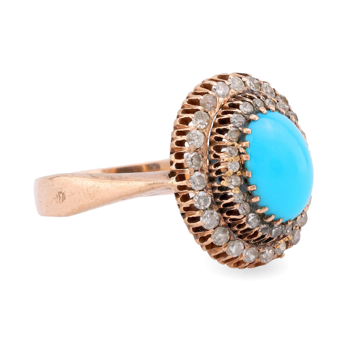 Antique Turquoise Diamond 14K Rose Gold Cluster Ring