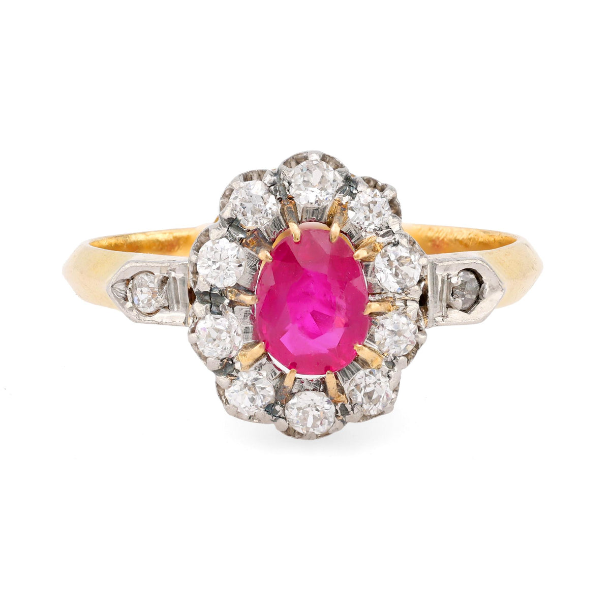 Antique French Ruby Diamond 18K Yellow Gold Cluster Ring