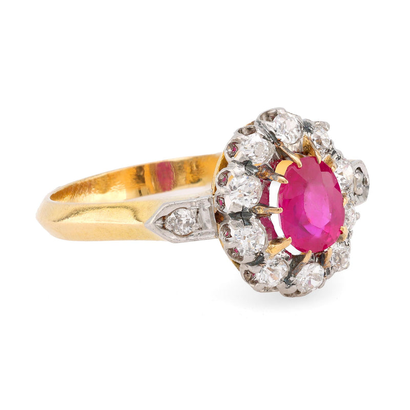 Antique French Ruby Diamond 18K Yellow Gold Cluster Ring