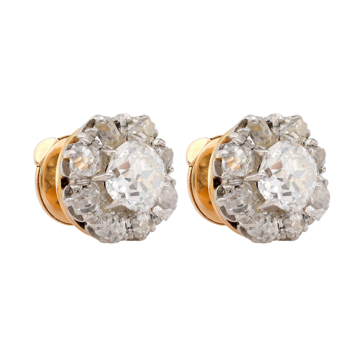 Antique French 2.3 Carat Total Diamond Weight 18K Yellow Gold Stud Earrings