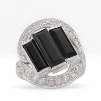 Art Deco Onyx Diamond Platinum Three Stone Ring