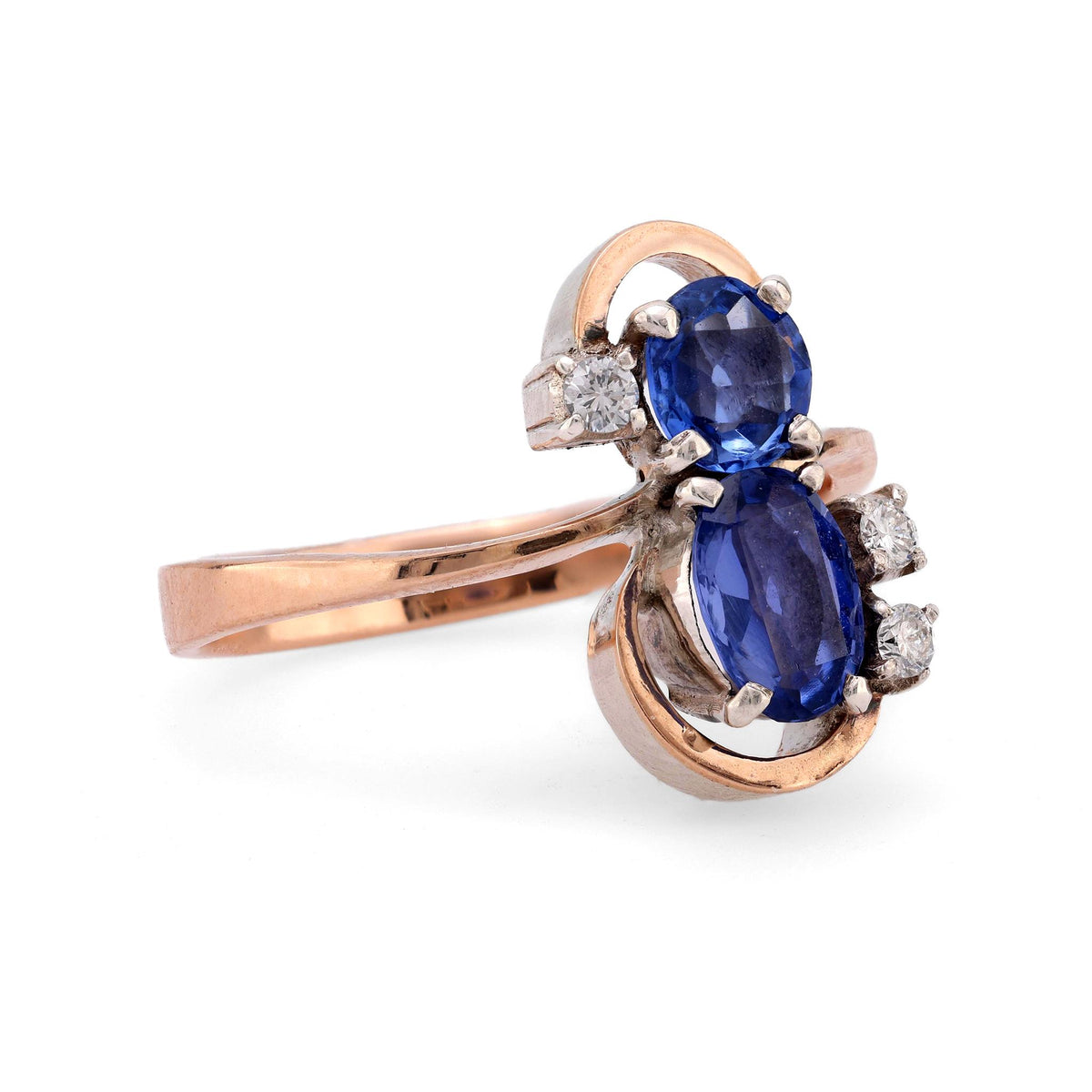 Antique style sapphire diamond 10k rose gold silver Toi Et Moi ring