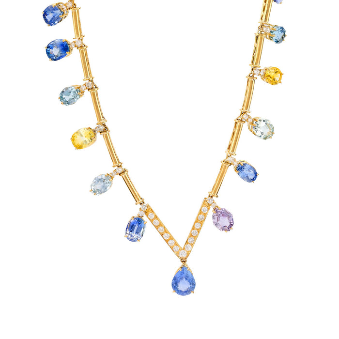 Exceptional GIA 58.56 carat sapphire diamond 18k yellow gold necklace