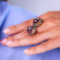 Joyful Edwardian amethyst diamond 18k yellow gold cocktail ring