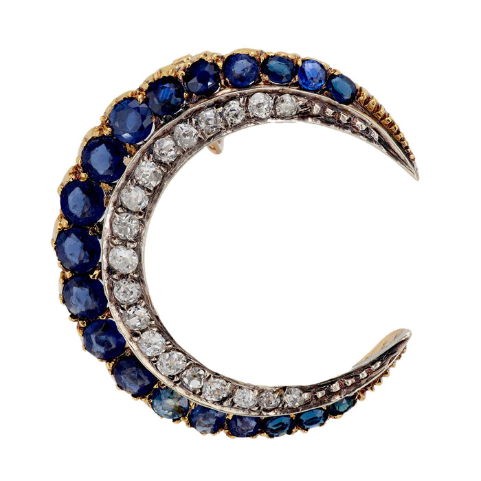 Victorian 3 carat sapphire diamond 14k yellow gold crescent pendant