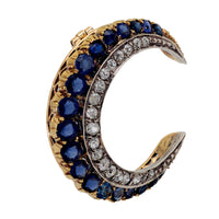 Victorian 3 carat sapphire diamond 14k yellow gold crescent pendant