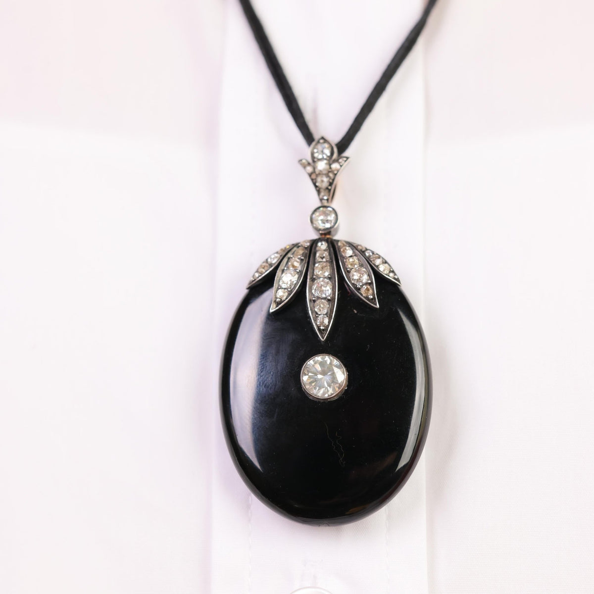 Antique French onyx diamond 18K gold and silver locket