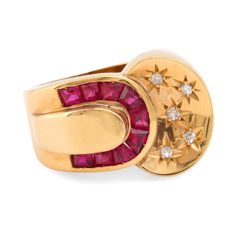 Retro French Synthetic Ruby Diamond 18K Yellow Gold Ring