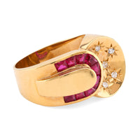 Retro French Synthetic Ruby Diamond 18K Yellow Gold Ring