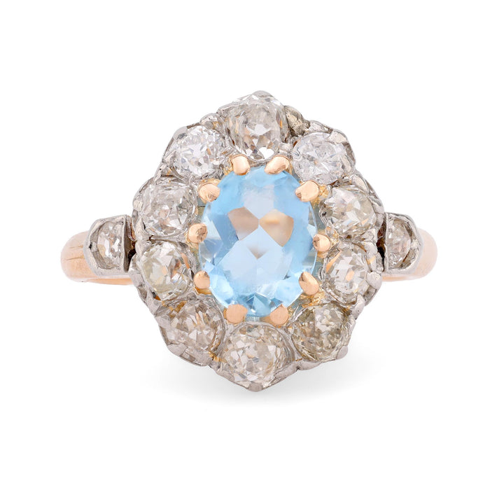 Precious antique aquamarine diamond 18k rose gold and silver cluster ring