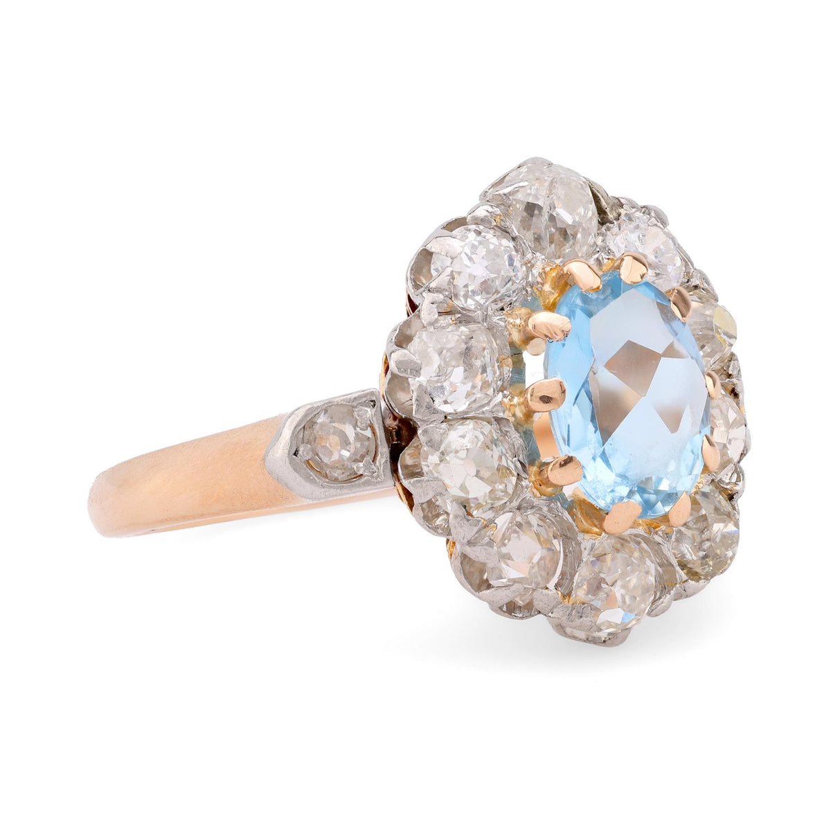 Precious antique aquamarine diamond 18k rose gold and silver cluster ring