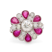 French GIA 1.47 carat diamond ruby platinum cocktail ring