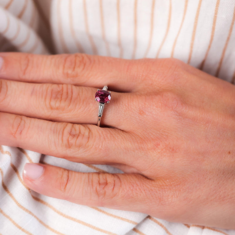 Vintage Ruby Diamond 14K White Gold Three Stone Ring