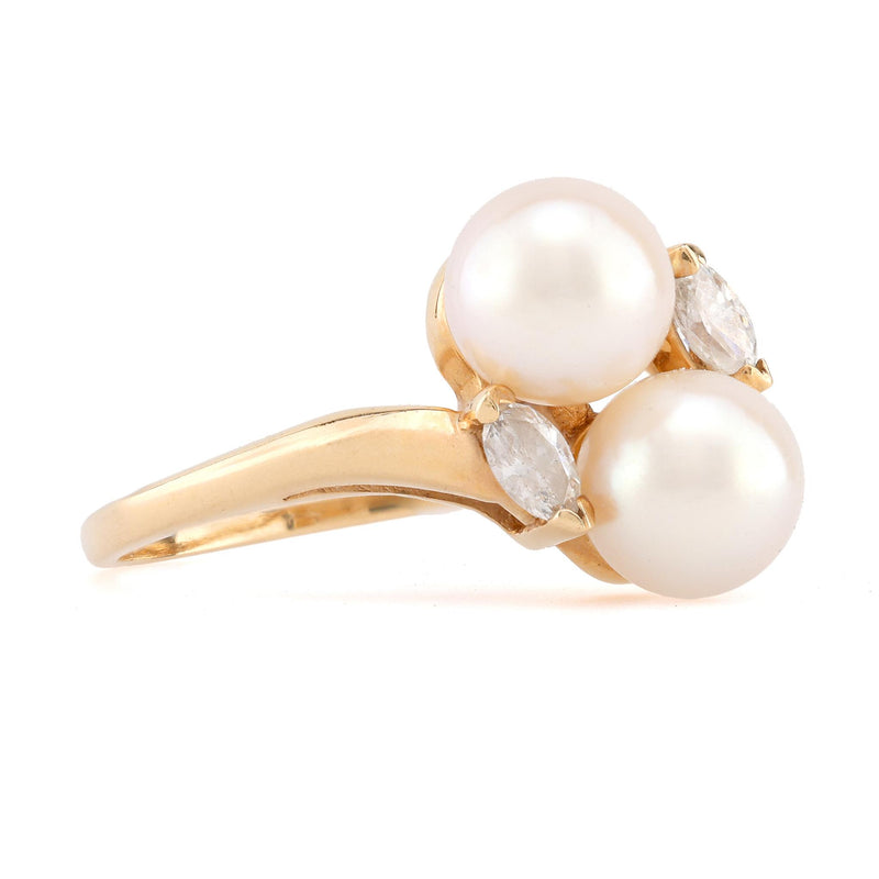 Vintage Pearl Diamond 14K Yellow Gold Toi Et Moi Ring