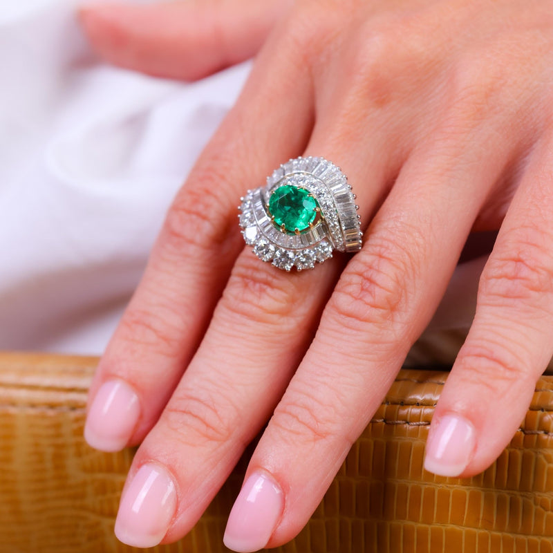 GIA 1.57 carat Colombian emerald diamond 18k white gold cocktail ring