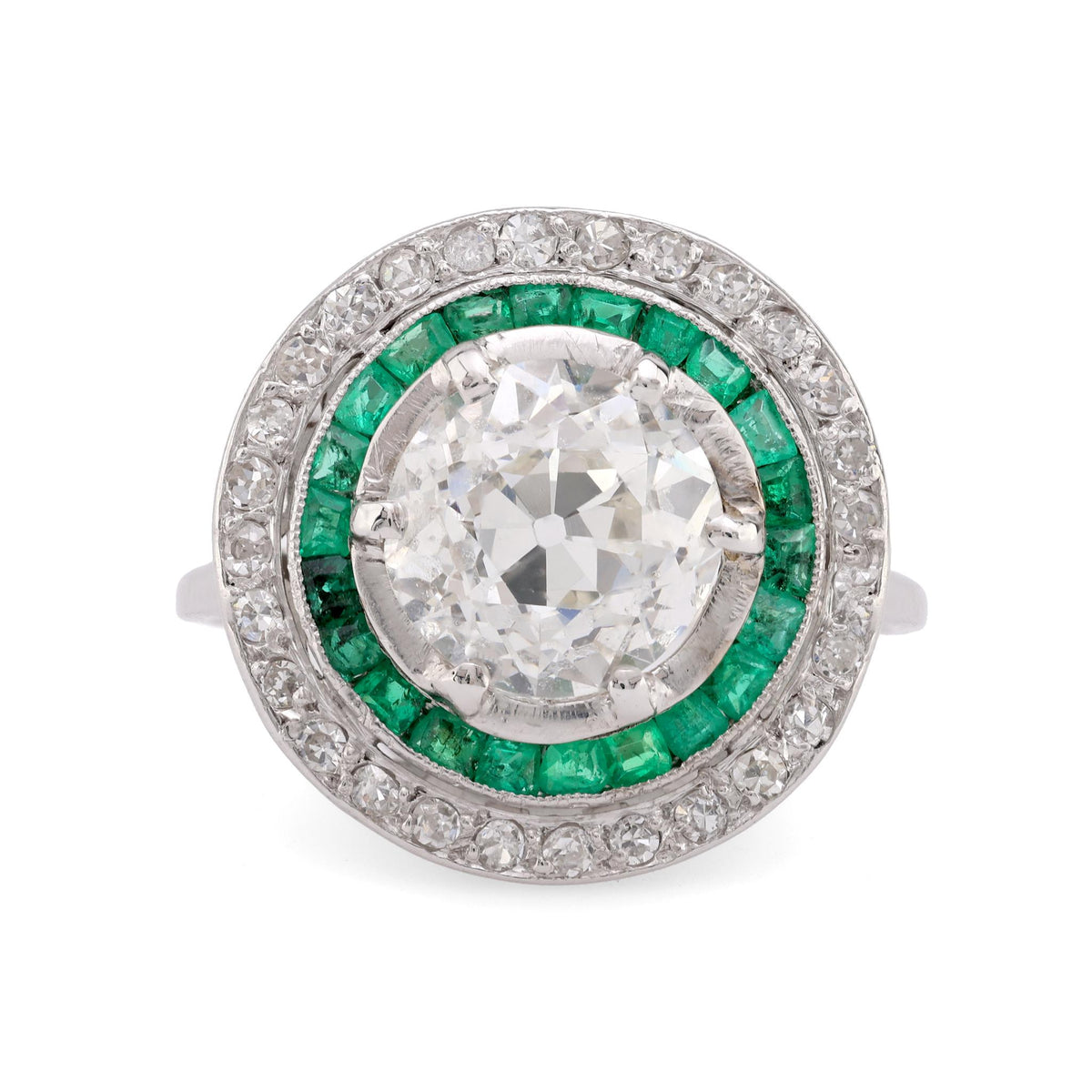 GIA 2.31 Carat Old European Cut Diamond Emerald Platinum Target Ring