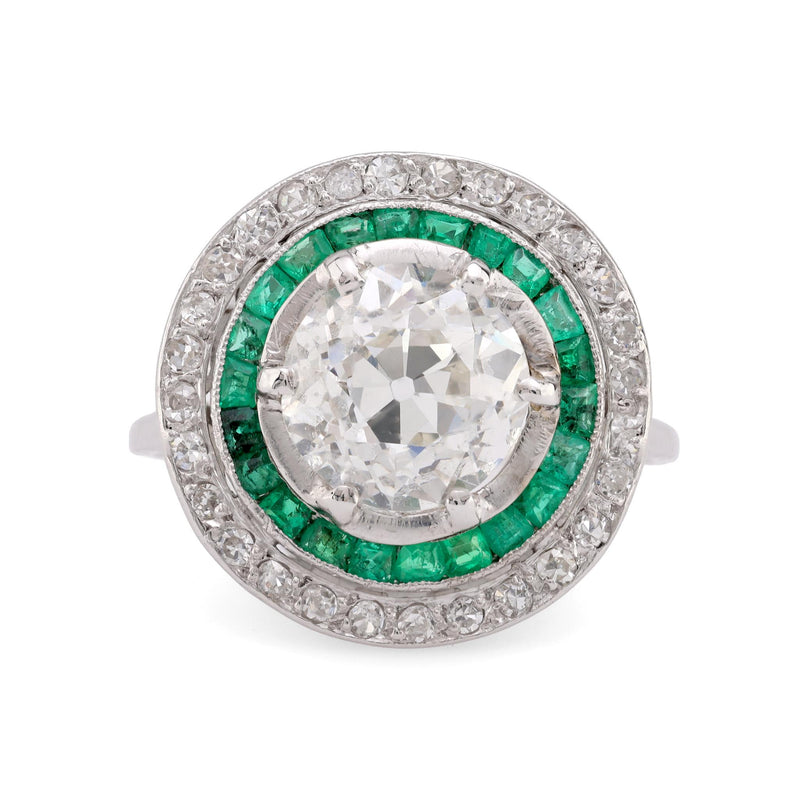 GIA 2.31 Carat Old European Cut Diamond Emerald Platinum Target Ring