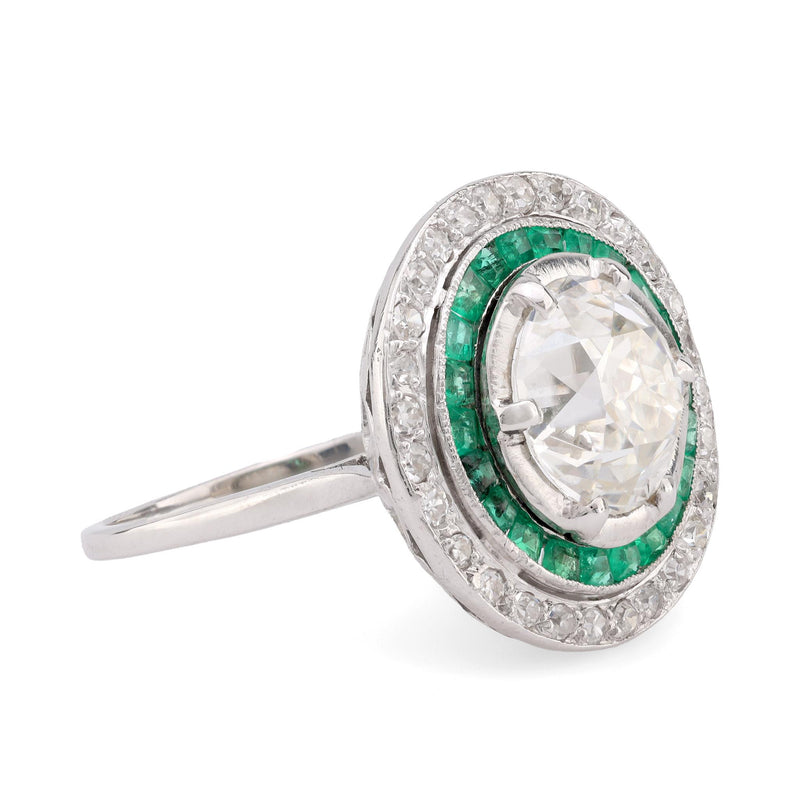 GIA 2.31 Carat Old European Cut Diamond Emerald Platinum Target Ring