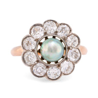 Edwardian Tahitian Pearl Diamond 14K Rose Gold Silver Cluster Ring