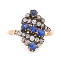 Antique Sapphire Diamond 18K Yellow Gold and Silver Ring