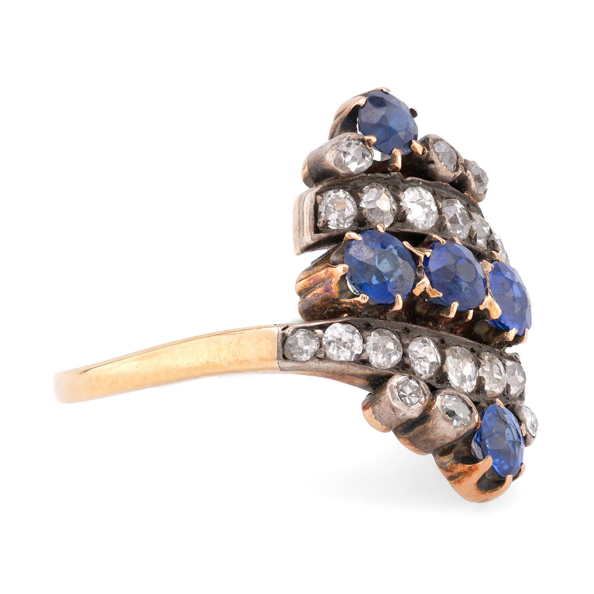 Antique Sapphire Diamond 18K Yellow Gold and Silver Ring